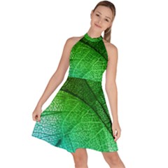 3d Leaves Texture Sheet Blue Green Sleeveless Halter Neck A-line Dress by Cemarart