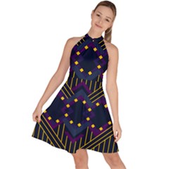 Line Square Pattern Violet Blue Yellow Design Sleeveless Halter Neck A-line Dress by Ravend