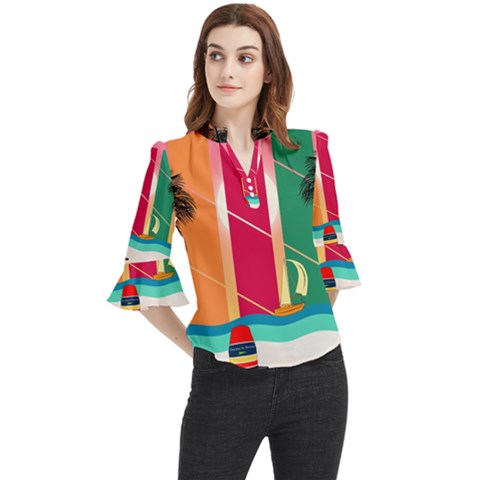 Digital Graphic Clip Art Beach Loose Horn Sleeve Chiffon Blouse by Proyonanggan