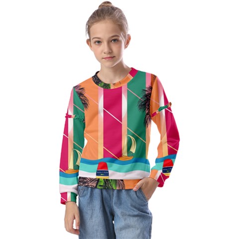 Digital Graphic Clip Art Beach Kids  Long Sleeve T-shirt With Frill  by Proyonanggan
