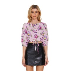 Owls Bird Animal Pattern Mid Sleeve Drawstring Hem Top by Loisa77
