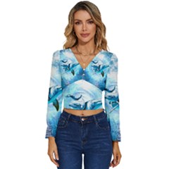 Dolphin Blue Fantasy Long Sleeve V-neck Top by Loisa77