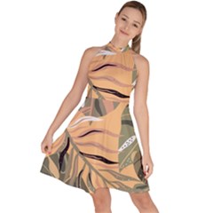 Leaves Monstera Picture Print Pattern Sleeveless Halter Neck A-line Dress by Ravend