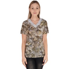 Fossilized Seashell Texture Print Design Bk Women s V-neck Scrub Top by dflcprintsclothing