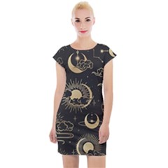 Asian Seamless Pattern With Clouds Moon Sun Stars Vector Collection Oriental Chinese Japanese Korean Cap Sleeve Bodycon Dress by Perong