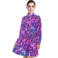 Purple Violet Glitter Galaxy Nebula Space Pattern Long Sleeve Chiffon Shirt Dress by Perong