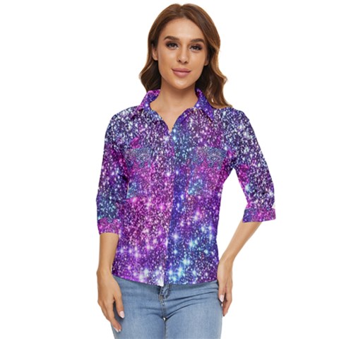 Purple Violet Glitter Galaxy Nebula Space Pattern Women s Quarter Sleeve Pocket Shirt by Perong