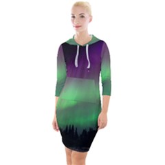 Northern Lights Green Aurora Borealis Quarter Sleeve Hood Bodycon Dress by Perong