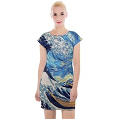 The Great Wave Of Kanagawa Painting Cap Sleeve Bodycon Dress by Perong