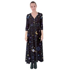 Starry Night  Space Constellations  Stars  Galaxy  Universe Graphic  Illustration Button Up Maxi Dress by Grandong