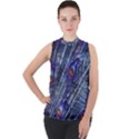 Peacock Bird Feathers Coloured Plumage Mock Neck Chiffon Sleeveless Top View1