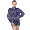 Peacock Bird Feathers Coloured Plumage High Neck Long Sleeve Chiffon Top View1