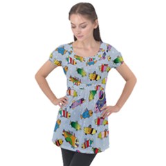 Fish Ocean Sea Water Diving Blue Puff Sleeve Tunic Top by Perong