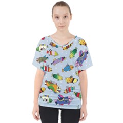 Fish Ocean Sea Water Diving Blue V-neck Dolman Drape Top by Perong