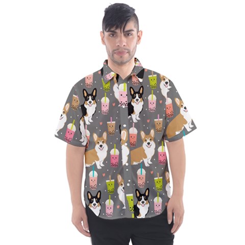 Corgi Boba Tea Bubble Tea Kawaii Food Welsh Corgis Dog Men s Short Sleeve Shirt by Perong