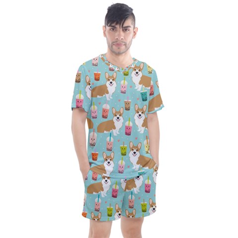 Corgi Boba Tea Bubble Tea Kawaii Food Welsh Corgis Dog Pattern Men s Mesh T-shirt And Shorts Set by Perong