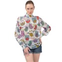 Owl Animal Bird Pattern High Neck Long Sleeve Chiffon Top View1