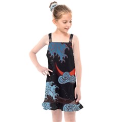 Night In The Ocean Red Waves Art Moon Dark Japanese Wave Kids  Overall Dress by Perong