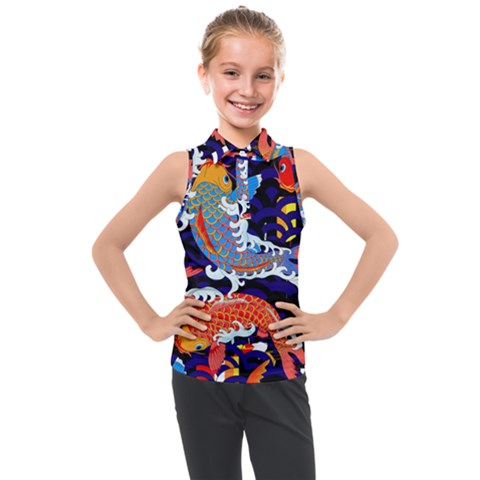 Koi Fish Traditional Japanese Art Kids  Sleeveless Polo T-shirt by Perong