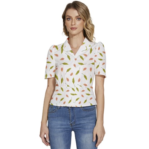 Leaves Pattern Seamless Texture Puffed Short Sleeve Button Up Jacket by Perong