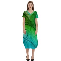 3d Leaves Texture Sheet Blue Green T-shirt Midi Dress With Pockets by Cemarart