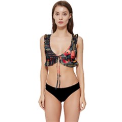 Tech Technology Pattern Low Cut Ruffle Edge Bikini Top by Salmanaz77