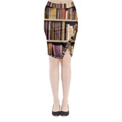 Books Bookshelves Office Fantasy Background Artwork Book Cover Apothecary Book Nook Literature Libra Midi Wrap Pencil Skirt by Posterlux
