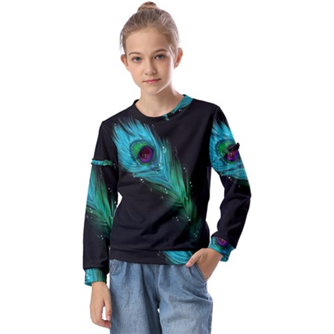 Shree Krishna, Feather, Lord, Rainbows Kids  Long Sleeve T-shirt With Frill  by kyorashop23