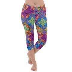 Colorful Flora Flora Kazakh Pattern Lightweight Velour Capri Yoga Leggings by Cemarart