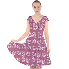 Whimsy Chickens Pattern Cap Sleeve Front Wrap Midi Dress by dflcprintsclothing