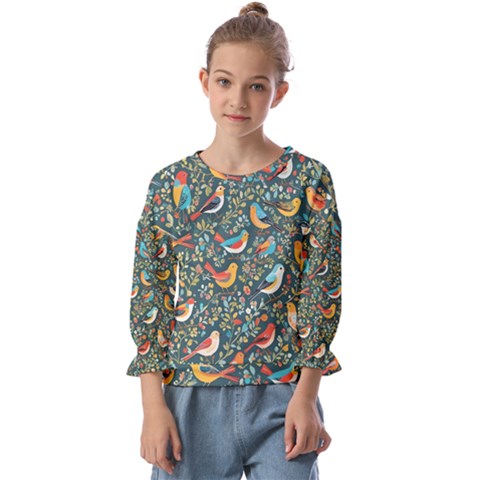 Birds Pattern Flowers Whimsical Kids  Cuff Sleeve Top by Salmanaz77