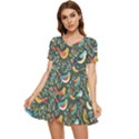 Birds Pattern Flowers Whimsical Tiered Short Sleeve Babydoll Dress View1