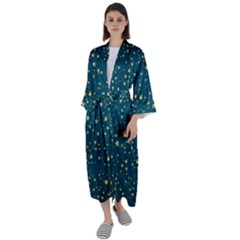 Star Golden Pattern Christmas Design White Gold Maxi Satin Kimono by Apen