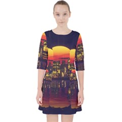 Abstract City Retro Sunset Night Quarter Sleeve Pocket Dress by Bedest