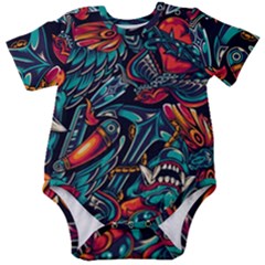 Vintage Tattoos Colorful Seamless Pattern Baby Short Sleeve Bodysuit by Bedest