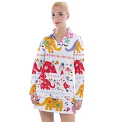 African Elephant Cute Cartoon Seamless Shading Cartoon Character Women s Long Sleeve Casual Dress by Bedest