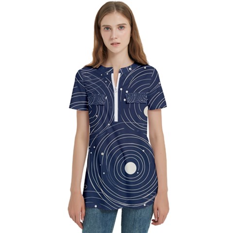 Art Women s Zip Front V-neck Short Sleeve Casual Top Pocket Shirt by zappwaits