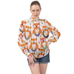 Cute Colorful Owl Cartoon Seamless Pattern High Neck Long Sleeve Chiffon Top by Apen
