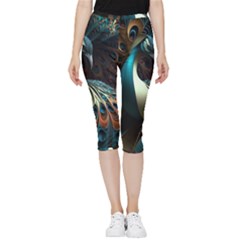 Colorful Peacock Bird Feathers Inside Out Lightweight Velour Capri Leggings  by Apen