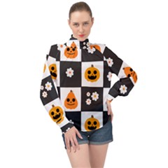 Seamless Halloween Pattern With Smiling Pumpkin 20240926 161714 0000 High Neck Long Sleeve Chiffon Top by Safari