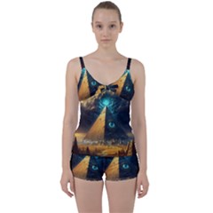 Mystic Blue Pyramid Art Tie Front Two Piece Tankini by ExtraAwesomeSauce
