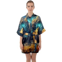 Mystic Blue Pyramid Art Half Sleeve Satin Kimono  by ExtraAwesomeSauce