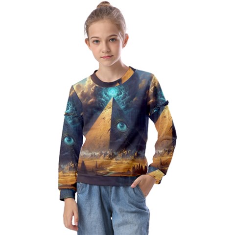 Mystic Blue Pyramid Art Kids  Long Sleeve T-shirt With Frill  by ExtraAwesomeSauce