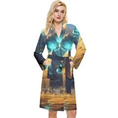 Mystic Blue Pyramid Art Long Sleeve Velvet Robe by ExtraAwesomeSauce