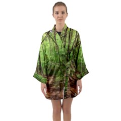 Peaceful Green Forest Walk Long Sleeve Satin Kimono by ExtraAwesomeSauce