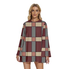 Modern Art Geometric Pattern In Red Hues Round Neck Long Sleeve Bohemian Style Chiffon Mini Dress by ExtraAwesomeSauce