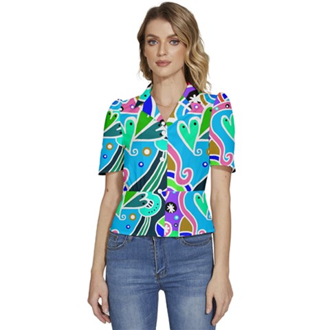Crazy Pop Art - Doodle Hearts  Puffed Short Sleeve Button Up Jacket by ConteMonfrey