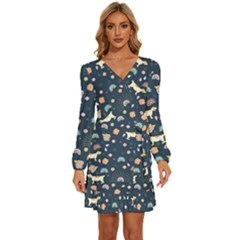 Dogs Long Sleeve Waist Tie Ruffle Velvet Dress by StyleHavenStore