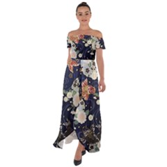 Japanese Wave Koi Illustration Pattern Off Shoulder Open Front Chiffon Dress by Ndabl3x