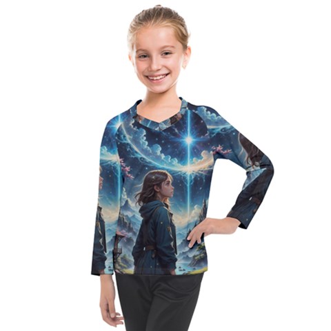Enchanting Fantasy Night Sky Scene Kids  Long Mesh T-shirt by ExtraAwesomeSauce